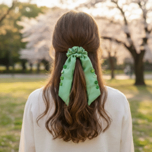 The Emerald Elegance Hand-Embroidered Satin Scrunchie