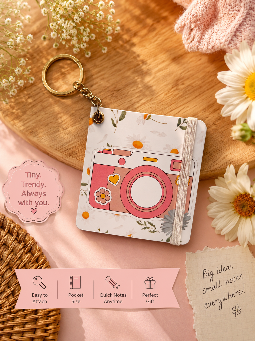 Camera Charm Pocket Notepad Keychain